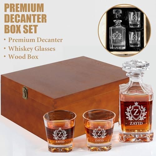 Personalized Whiskey Decanter, Custom Liquor Decanter 25oz, Engraved Whiskey Glass Set With Wood Gift Box Options, Whiskey Gifts for Men, Dad, Birthday, Retirement, Wedding (Square Decanter)