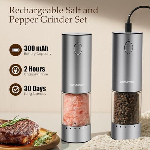 Salt and Pepper Shakers with Adjustable Coarseness, LED Lights, Large Capacity, Kitchen Appliances Gifts for Women Newise Electric Salt and Pepper Grinder Set, Rechargeable, Stainless Steel B0CZCNDWYB