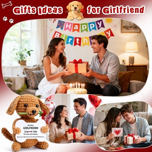 Funny Dog Mothers Day Girlfriend Gf Gifts, Anniversary Birthday Gifts for Girlfriend from Boyfriend, Mini Cute Cool Stuff Things Romantic I Love You Presents, Small Happy Crochet Rose Dog Puppy