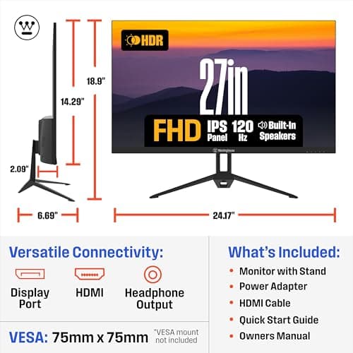 Westinghouse 27 Inch Gaming Monitor, 120Hz, 1ms, IPS Computer Monitor, 1080P FHD, Built-in Speakers, Eye Care, Adpative Sync Support (FreeSync Compatible), HDR, VGA, HDMI & DisplayPort w/Gaming Mode
