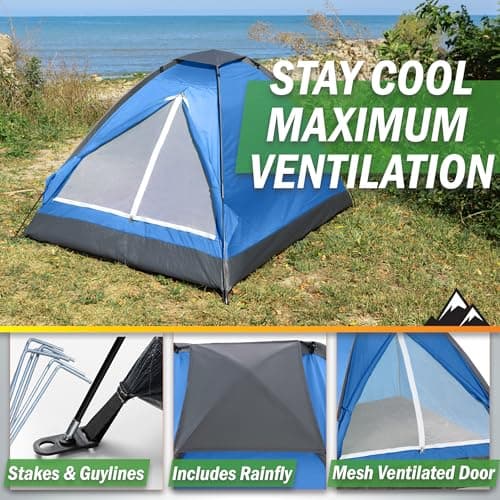 2 Person Outdoors Camping Tent with Rain Fly and Carrying Bag - Lightweight Outdoor Pop Up Tents for Camping Essentials, Music Festivals, Backpacking, Hiking, or Beach Shelter by Wakeman Outdoors
