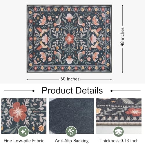 Anidaroel 48"x60" Office Chair Mat for Hardwood Floor/Tile, Black Floor Mat for Office Chairs, Anti-Slip Floral Under Desk Rug for Rolling Chairs, Bird Bug Low Pile Desk Chair Mats for Hardwood