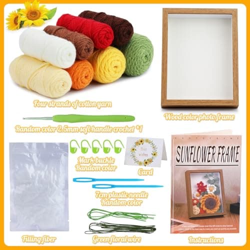 IMZAY Sunflower Crochet Kit with Photo Frame, Sunflower Knitting Weaving Set with Yarn, Hooks, Instruction, Stitching Markers, Fiber Fill, Floral Wire, Crochet Set for Mother's Day, Thanksgiving Day