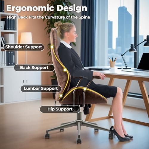 ovios Ergonomic Office Chair, High Back Faux Leather Executive Chairs with Armrests, Comfy Mid-Century Modern Swivel Rolling Computer Armchair (Dark Brown, Suede Leather)