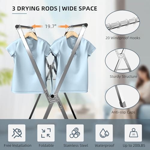 Unkqan Clothes Drying Rack,Heavy Duty Stainless Steel Garment Rack,Adjustable and Foldable Laundry Drying Rack for Indoor Outdoor Drying Rack Clothing with 20 Windproof Hooks (Silver, 79")