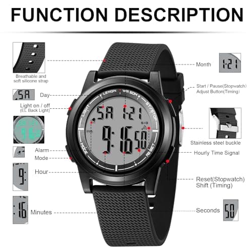 HANPOSH Mens Digital Watch Ultra Thin Minimalist Sports Waterproof Outdoor LED Screen Large Face Wrist Watches for Men with Back Light Alarm Date Stopwatch