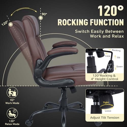 Home Office Chair with Lumbar Support, 5" Thickened Seat, Small PU Leather Rocking Desk Chair, Comfy Computer Chairs with Rolling Wheels & Adjustable Armrests for Adults, Brown