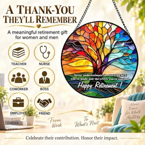 Retirement Gifts for Women Men- 8 Inch Stained Glass Suncatcher - Retirement Gift for Woman - Window Hanging Decor - Retired Gifts for Teacher, Nurse, Coworker, Boss, Employee B0H28SS623