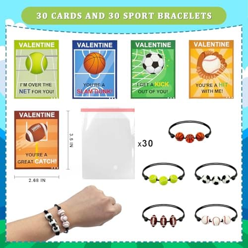 Sports Bracelet Valentines Day Gifts for Kids School Classroom,30 Pack Adjustable Bracelets w/ Cards for Toddler Boy Girl,Valentine Non Candy Treats Party Favor Goodie Bag Stuffers Prizes for Class