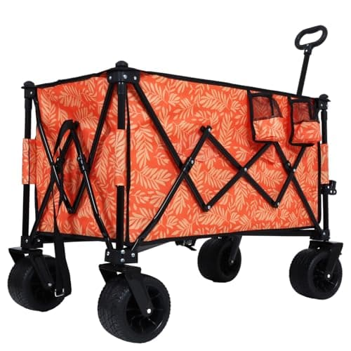 480Lbs Collapsible Wagon with Canopy, 7" All-Terrain Wheels, Orange Steel Push or Pull Versatility Camping, Shopping, Sports, Garden Stylish Design