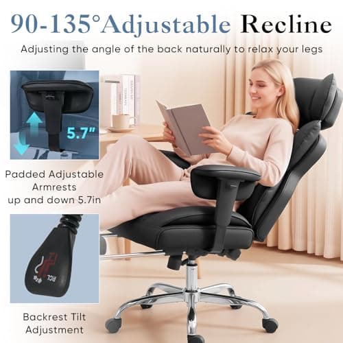DUMOS Big and Tall Home Office Desk Chair, Gaming Computer Chair, Executive Ergonomic Chair with Footrest, High Back Reclining, Adjustable Armrests and Comfy Lumbar Support, PU Leather, Black