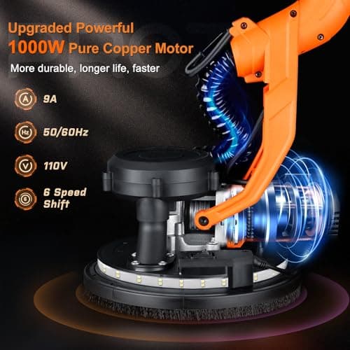 Drywall Sander, 1000W Popcorn Ceiling Removal Tool, Automatic Drywall Sander with Vacuum Dust Collection, LED Light, 6 Variable Speed 800-2200RPM, Foldable & Extendable Handle,15Pcs Sanding Discs