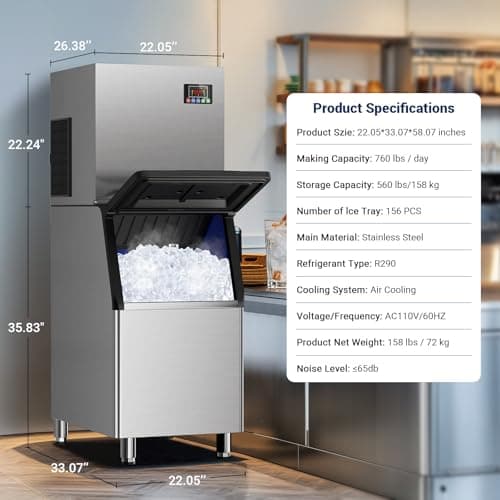 Commercial Ice Maker, 760 LBS/24h with 560 LBS Storage Bin, 156 Ice Cubes Ready in 5-15 min, Self Cleaning Stainless Steel Industrial Ice Machine for Bar Restaurant Cafe