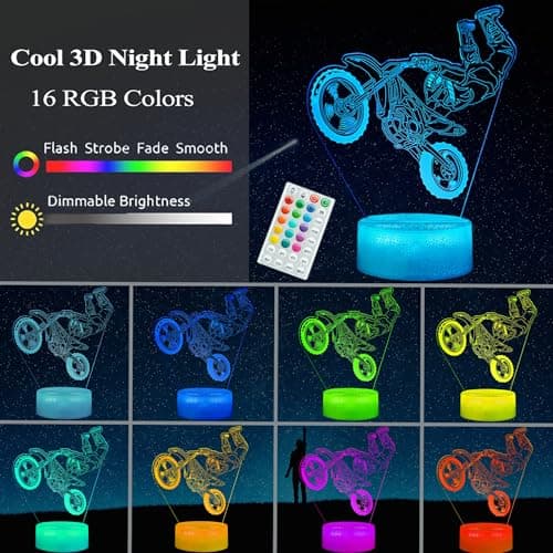 Dirt Bike Night Light, Dirt Bike Gifts for Boy, 3D Illusion Lamp with Remote Control, 16 Colors Changing, RGB Flashing Mode and Dimmable, Gifts for Boys Christmas Decor