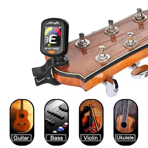 MOREYES Rechargeable Guitar Tuner Clip On with 28Pcs Guitar Picks, Guitar Tuner for Acoustic Guitar, Electric Guitar, Bass, Ukulele & Chromatic Tuning Modes, Full Color Display