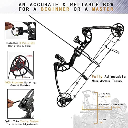 Compound Bow Draw Weight 0-70 Lbs for Pull Beginner and Intermediate Archer Fully Adjustable 19.25"-31" with All Accessories, up to IBO 320 fps,Package with Archery Hunting Equipment New 2024