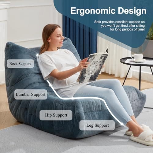 Bean Bag Chairs for Adults Giant Bean Bag Chair Memory Foam BeanBag Chair Bean Bag Sofa with Filler Faux Fur Fireside Beanbags Lazy Sofa for Living Room Bedroom Office (Bluegrey Plush, Single)