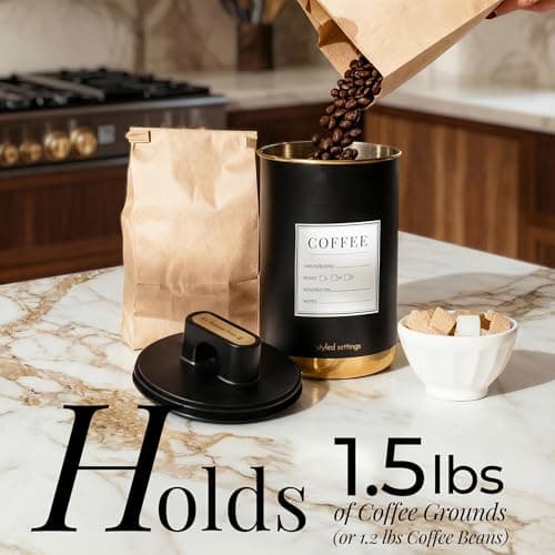 Vacuum Coffee Canister with Airtight Lid – Patented Dual Airtight Coffee Canister with Scoop, Coffee Bean Storage Container or Grounds Container, Storage Container - Black and Gold Kitchen Accessories