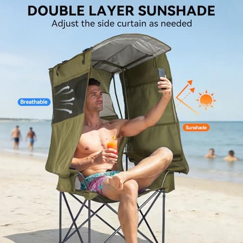 Huskfirm Camping Chair with Canopy Shade - Folding Beach Chair with UPF 50+ Sun Shade, Cup Holder, Side Pocket, Portable Sports Chair for Adults Support 330 LBS, Fishing Camp Outdoor Lawn Chair Green