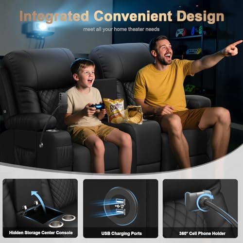 Loveseat Recliner Sofa, Home Theater Seating with Center Console, Reclining Loveseat RV Couch with USB Ports & Phone Holders, Wall Hugger RV Sofa Furniture with Storage & Pocket
