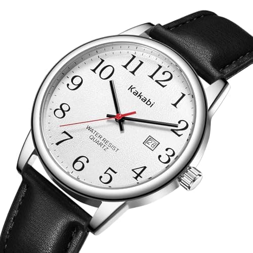 Kakabi Watch for Men, Easy Reader Unisex Analog Quartz Waterproof Wristwatch with Date and Leather Band, Casual Simple Fashion Mens Watches Gift