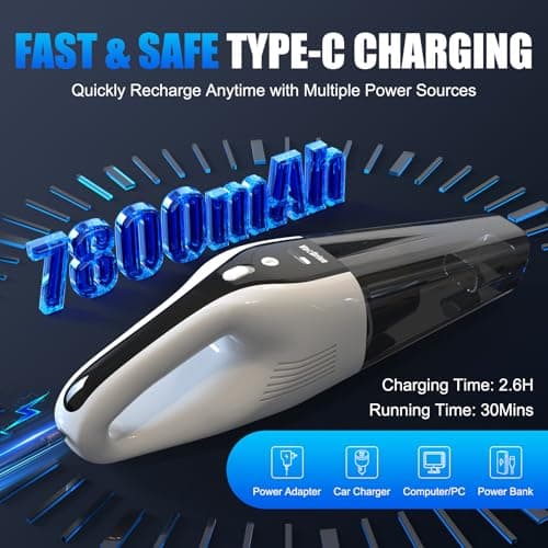 VACDRIVE Car Vacuum Handheld Cordless Car Vacuum Cleaner for Drivers, Office, Home & Pet Hair, with True Brushless Motor, Ultra-Strong Suction, Rechargeable Battery&Big Dust Cup, Type-C Fast Charging