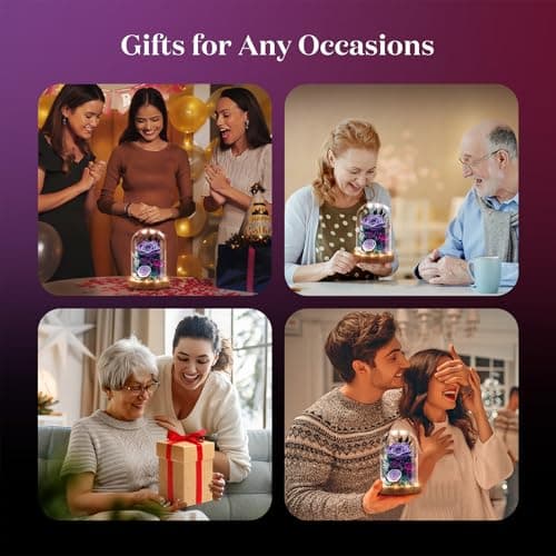 Dsuto Forever Fresh Flowers Bouquet in Glass Dome with Light, Preserved Purple Roses Gifts for Women on Birthdays, Anniversaries, Christmas, Valentine’s Day & Mother’s Day