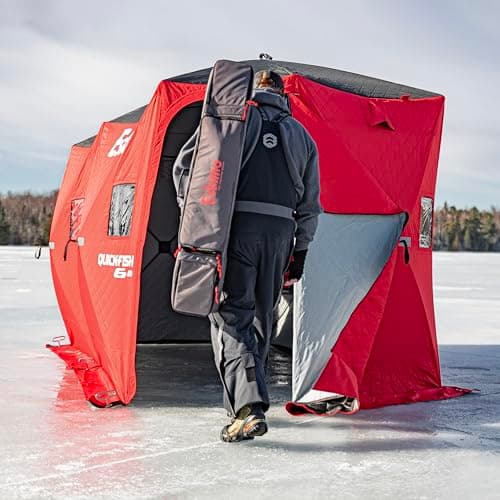 Eskimo QuickFish™ 6HD, Pop-Up Portable Shelter, No-Trip Door, Red/Black, Fully Insulated, Deluxe Ice Anchors, Six Person, Ice Fishing Shelter, 46076
