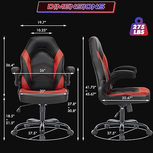 Sweetcrispy Computer Gaming Chair - PU Leather Ergonomic Lumbar Support with Flip-up Armrest and 360° Swivel Wheels, Height Adjustable Task Home Office Desk Video Racing, Red