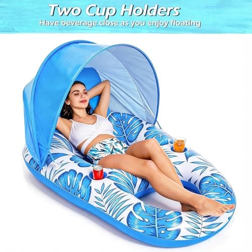 Jasonwell Pool Float with Canopy - Inflatable Pool Floaties Adult Lounger Floats Raft Floating Chair with Cup Holders for Swimming Pool Lake Water Lounge Float Beach Pool Party Toys for Adults