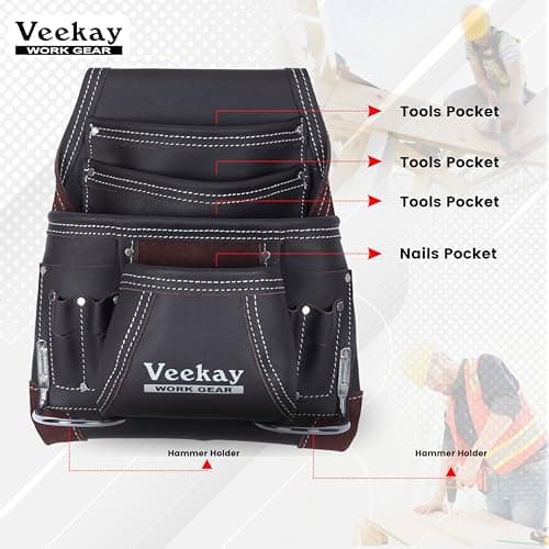 VEEKAY 10 Pockets Men Resin Finish/Oil Tanned Leather Tool Pouch White and Brown Bags Fastener Carpenter's Nail, Tool Heavy Duty Steel Hammer Loop, Belt Loop for Electrician Technician Installers