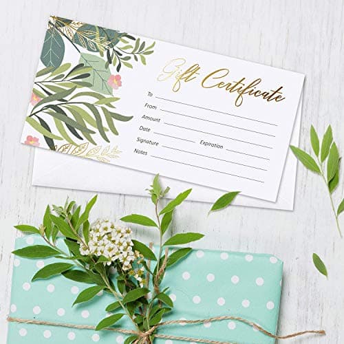 Sweetzer & Orange Blank Gift Certificates for Business with Gold Foil- 25 Gift Certificate Cards with Envelopes for Spa, Salon, Restaurants, Custom Client Vouchers for Birthday, Work Card – 3.75x7.5”