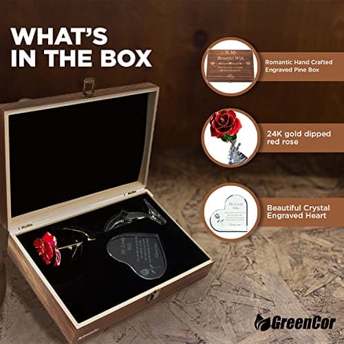 Anniversary for Wife Engraved Wooden Gift Set 'To My Beautiful Wife' Includes Crystal Engraved Heart 24K Gold Dipped Rose for Birthday Gifts