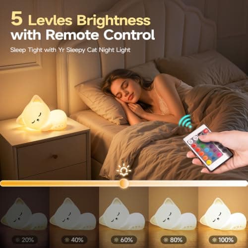 5-Level Dimmable Tap Night Light with Rechargeable Battery. Cute Stuff,Cat Room Decor & Gifts for Women,Adults, Teens & Kids. Mubarek Sleepy Cute Cat Gifts - 16-Color Silicone Night Light with Remote B0D8QGT88D