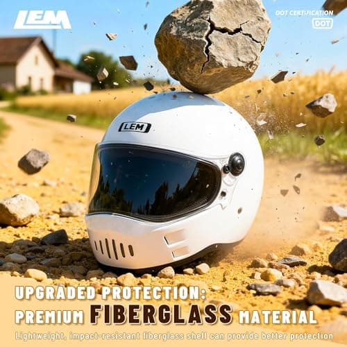 LEM Motorcycle Helmet Full Face for Men and Women, Retro Vintage Classic Open Face Style, Lightweight Fiberglass Shell, DOT Certified, for Cruiser, Cafe Racer, Scooter, Commuter (White, Size XL) Kick