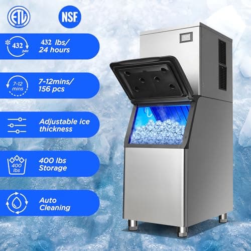 Commercial Ice Maker Machine 432 Lbs/24H with 400LBS Large Storage Bin Ice Ready in Air Cooled Clear Cube Ice for Bar Business Cafe ETL NSF(432 Lbs/24H)