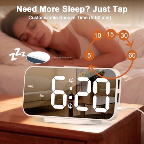 ALANAS Slim Digital Alarm Clock, Big Mirror Display with Dual USB Charger Ports, Dual Alarms, Snooze, 4-Level Adjustable Dimmer,for Bedroom, Office, Desk, Dorm, College Students, Home Decor,Gift