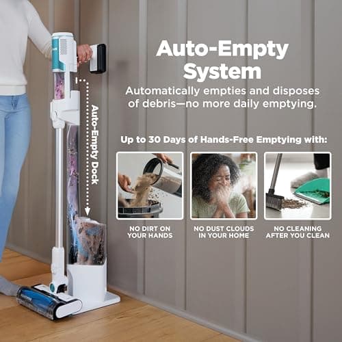 Shark Clean & Empty Cordless Stick Vacuum – Lightweight Cordless with HEPA Filter, Portable, Rechargeable, Auto-Empty System, Stick Vacuum for Pet Hair, Carpets & Hardfloor, White, BU3521