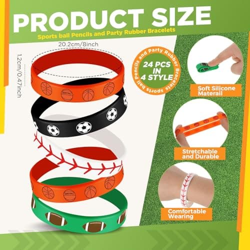 Sabary 48 Pcs Sports Pencils Silicone Bracelets Set Soccer Football Basketball Baseball Wooden Pencil Rubber Wristbands for Birthday Gifts Sports Party Favors(Multi Balls)