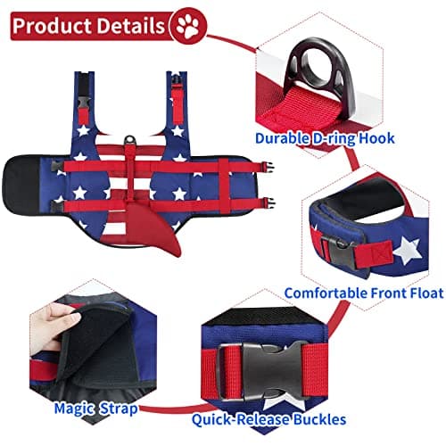 Malier Dog Life Jacket, High Buoyancy Shark Swimsuit, Ripstop American Flag, Medium, Red & Dark Blue