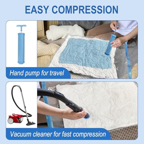 16 Pack Vacuum Storage Bags with Hand Pump, 4 Jumbo + 4 Large + 4 Medium + 4 Small Plastic Packaging Bags, 80% Space Saver Vacuum Seal Bags for Clothing, Travel Lugggage, Blankets, Comforters