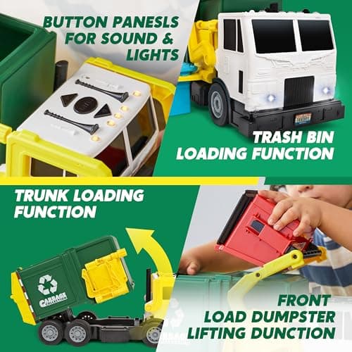 JOYIN Large Friction Powered Garbage Truck Toy Set, Includes 1 Dumpster, 3 Trash Bins, and 30 Learning Cards for Kids, Boy Toys Birthday Gift, Green B095XJDJ8V