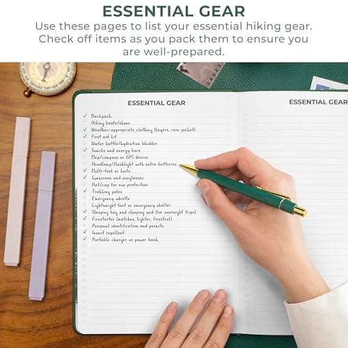 Travel & camping diary, nature adventure record book, 5.8 x 8.3 in eco leather notebook, gift for hikers & campers Clever Fox Hiking Journal for Women & Men, Trail Log Book, Forest Green B0DWSW8XN7