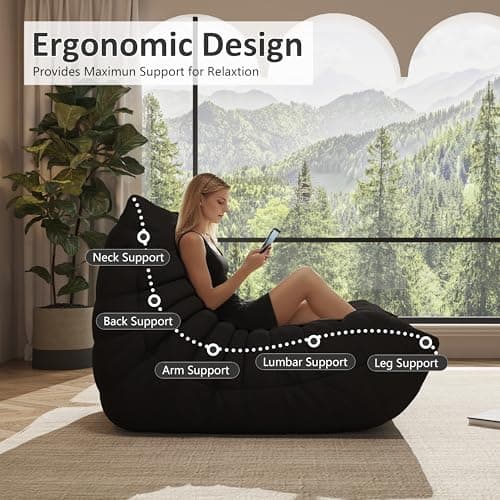 Bean Bag Chair for Adults, Comfy Floor Chair Memory Foam Bean Bag Chair, Cozy Lounge Floor Chair for Gaming, Reading & Relaxation, Small Foam Couch for Living Room, Bedroom(Black,Single)