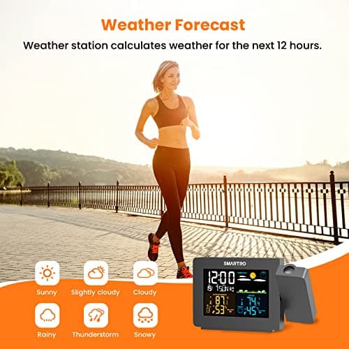 SMARTRO SC91 Projection Alarm Clock for Bedrooms with Weather Station, Wireless Indoor Outdoor Thermometer, Temperature Humidity Monitor Gauge Hygrometer