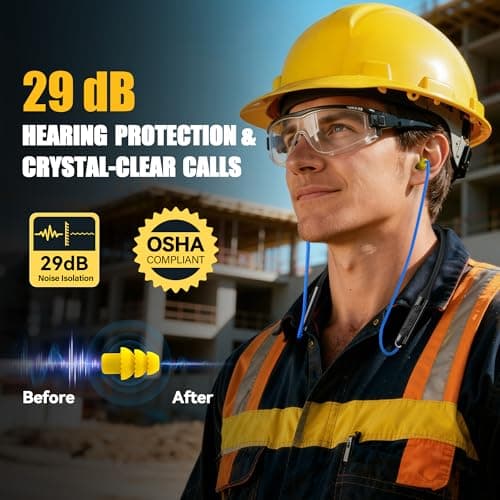 Bluetooth 6.0 Earplug Headphones with 40H Playtime & OSHA Compliant 29dB Noise Reduction Hearing Protection, Rechargeable Wireless Neckband Earbuds w/Mic, IPX6 Waterproof for Construction, Workshop