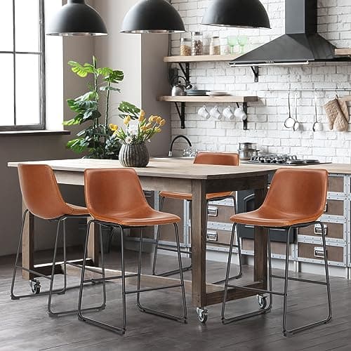 DUMOS 26 Inch Counter Height Bar Stools Set of 4, Modern Faux Leather High Barstools with Back and Metal Leg, Upholstered Bar Chairs for Kitchen Island, Brown