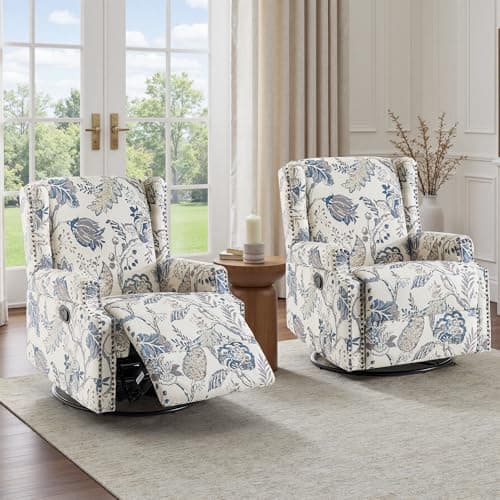 Swivel Glider Floral Recliner Chairs Set of 2, High Back Swivel Rocker Fabric Accent Chair for Living Room, Rivet Trim Upholstered Armchair Manual Sofa Seating - Plants Blue