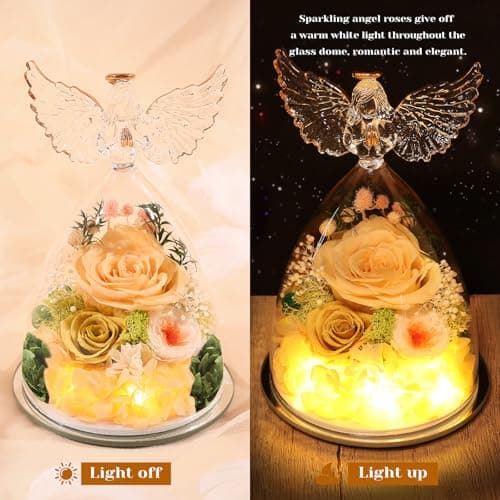 FIACO Preserved Rose Christmas Birthday Gifts for Women Forever Fresh Flowers Delivery Gifts for Mom Grandma Wife Anniversary Eternal Roses in Glass Angel Figurines