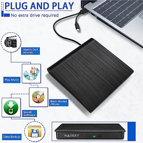 Haiway External DVD Drive, USB 3.0 Type-C CD Burner Portable CD DVD +/-RW Optical Drive Slim CD DVD ROM Rewriter CD/DVD Player Writer Reader for Laptop Desktop MacBook PC Windows Linux Mac OS (Black)